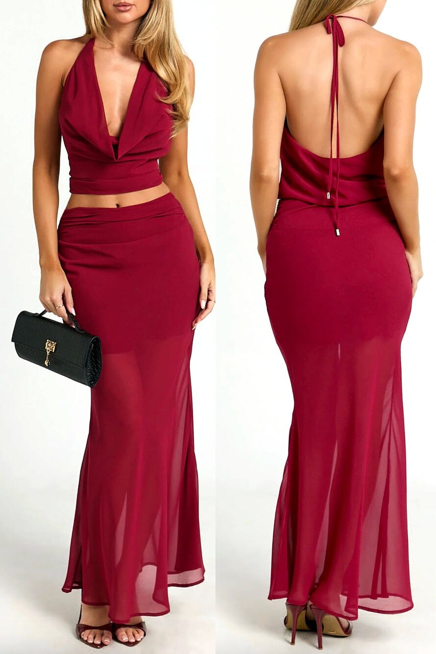 Showpo Red Halter Top & Maxi Skirt 2 Piece Matching Coord Set Size 6 Party